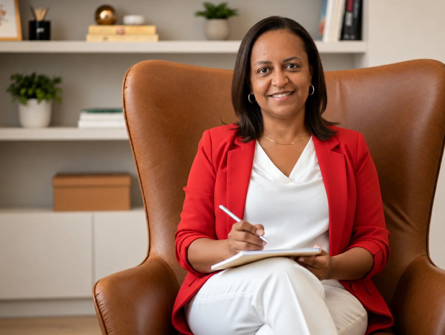 Tatiana sorrindo no consultório, com um caderno nas mãos